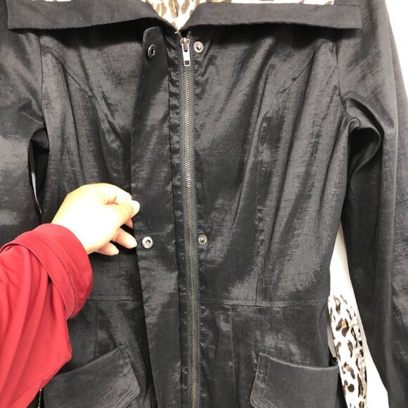 Bella Fare Black Cheetah Print Trim Lining retro slim fit Trench Coat size M - Picture 5 of 13